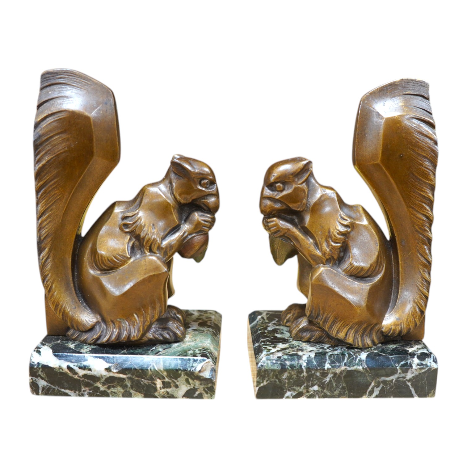 A pair of French Art Deco spelter squirrel bookends, on marble plinths, 18cm high. Condition - fair to good